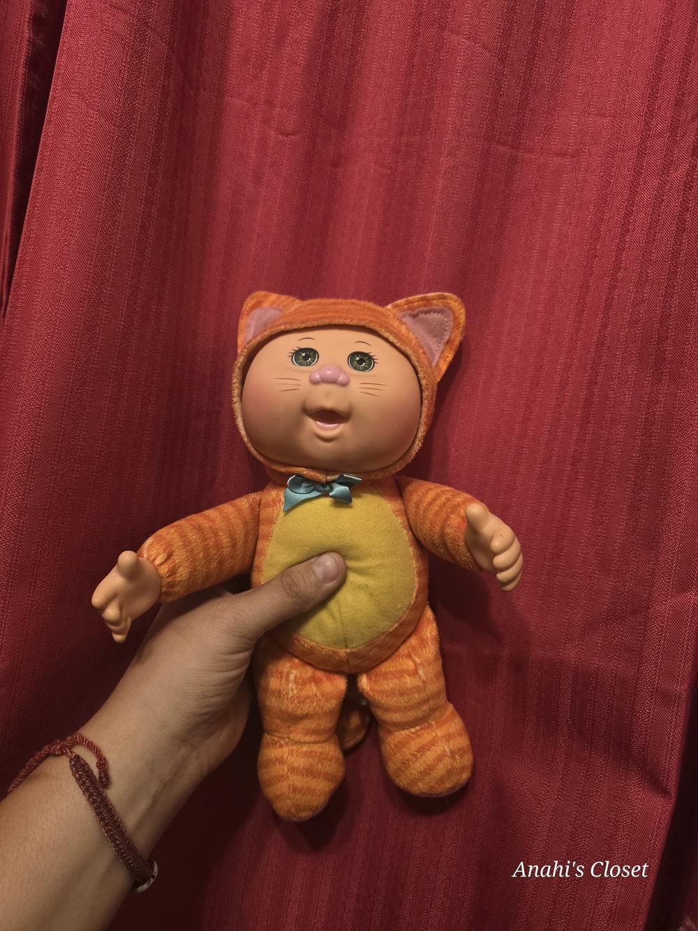 Orange Cat Plush Baby Doll with Yellow Belly and Blue Bow